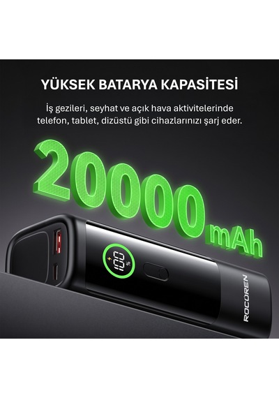 Rocoren 20000mah 100w Powerbank Dijital Ekranlı Hızlı Şarj Dahili Type-c Kablo + Usb-c + Usb-a Macbook, Tablet Ve Telefonlarla Uyumlu Taşınabilir Şarj Cihazı Siyah