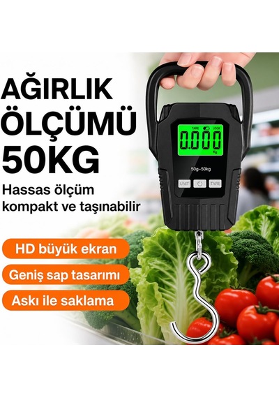 Dijital El Kantarı, 50 Kg Kapasiteli, Taşınabilir Askılı Tartı, Büyük Ekranlı, Hassas Ölçüm
