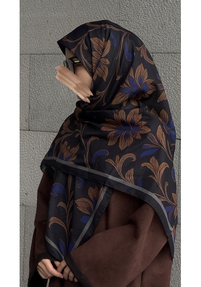 Qalortex Scarf Pamuklu Yaprak Desen Eşarp - Siyah - Morcivert Morcinevt