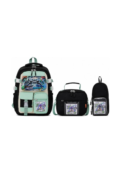 Ortopedik Gamer Desenli Erkek Çocuk İlkokul Okul Sırt Çantası Termal Beslenme Kalemlik 3'lü Set