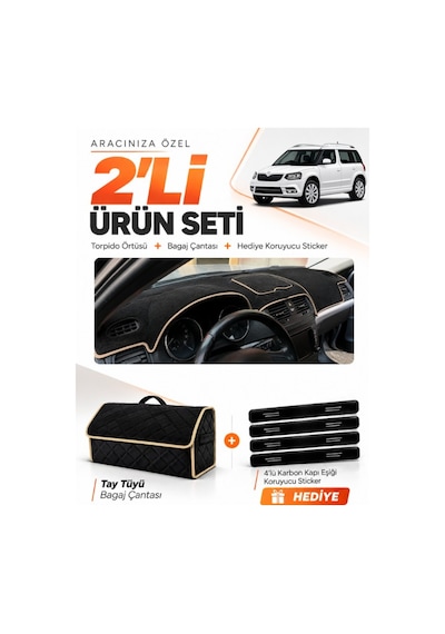 E-biz Skoda Yeti 2012-2018 Uyumlu Torpido Örtüsü + Tay Tüyü Bagaj Çantası Seti - Siyah-bej - Sk013