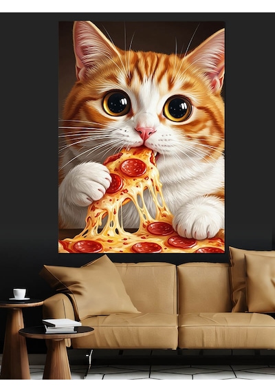 Pizza Yiyen Sevimli Kedi Dekoratif Kanvas - Mdf Ahşap Tablo
