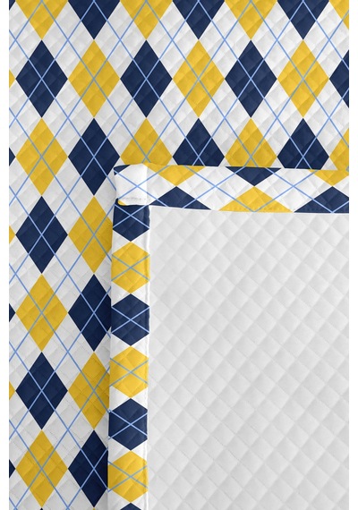 Sarı Lacivert Ekose Geometrik Genç Odası Tek Kişilik Pike Takımı - 160x220 Cm Kapitone Yatak Örtüsü Gölge Çiy Buharı