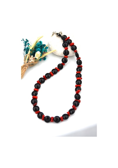 Stoneage Oniks Ve Mercan Taşlı T Kilitli Şifa Kolyesi N11.38997 Bronz