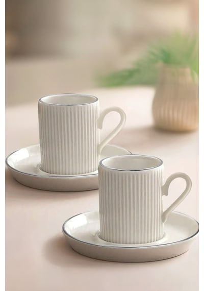 4 Parça 2 Kişilik Stackable Çizgili Gümüş Yaldızlı Kahve Fincan Takımı - Kahve Fincanı Seti 100ml