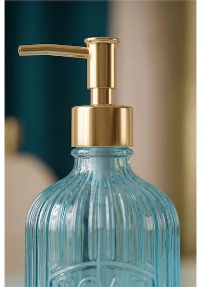 Glassy Dekoratif Cam Sabunluk Gold Pompalı Vintage Çizgili Sıvı Sabun Ve Deterjan Dispenseri - 21.5 Cm X 8 Cm - Turkuaz