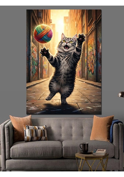 Ahşap Tablo Yumakla Oynayan Kedi Resmi