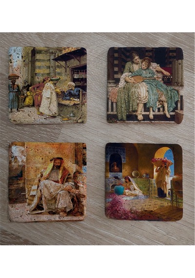 Oryantal Figürler Doğal Taş Bardak Altlığı 4'lü Set - Natural Stone Coasters - Taş Çok Renkli