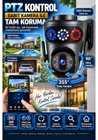 8mp Dual Lens Wifi Ptz Dış Mekan Güvenlik Kamerası Renkli Gece Görüş İnsan Takip Ip66 Rj45