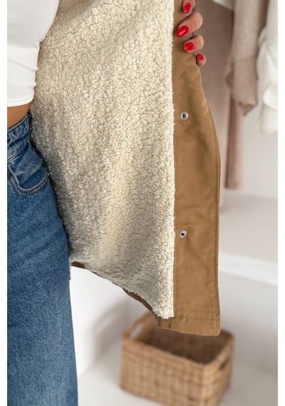 Kadın Peluş Astarlı Kapüşonlu Mont Winter Hug Bej