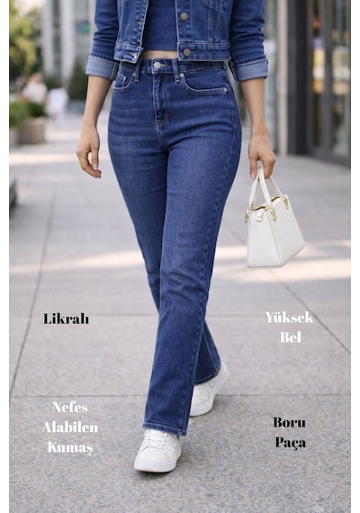 Cedy Denim Kadın Boru Paça Yüksek Bel Regular Fit Likralı Pantolon Mavi