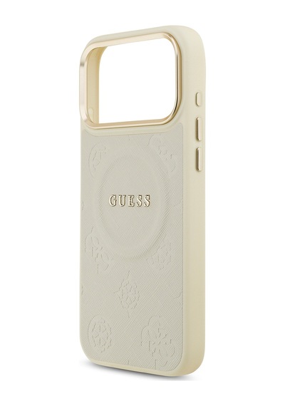 Apple Uyumlu iPhone 17 Pro Max  Kılıf Guess Lisanslı M-safeli Sıcak Baskı Yazı Logo Pu Deri Peony Kapak Bej Bej
