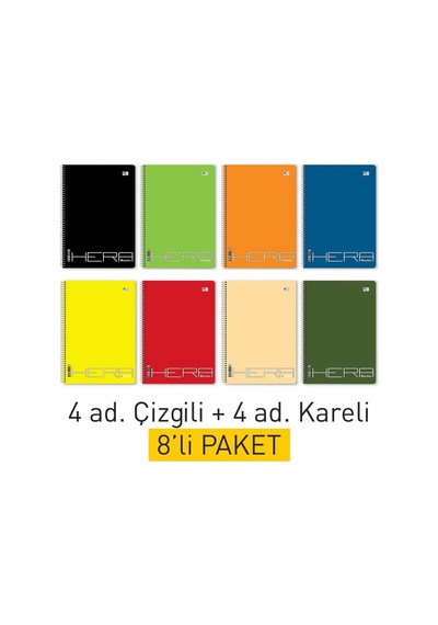 A4 Spiralli Okul Defteri 8'li Set 4 Çizgili + 4 Kareli 72 Yaprak 144 Sayfa Standart
