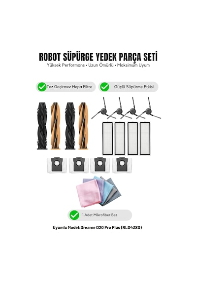 Dreame D20 Pro Plus Rld43sd İle Uyumlu 2 Ana Fırça 4 Yan Fırça 4 Filtre 4 Toz Torbası 1 Temizlik Bezi 16.0