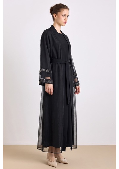 Olcay Kolları Taş Detaylı Organze Abaya Takım Siyah 9449-tk