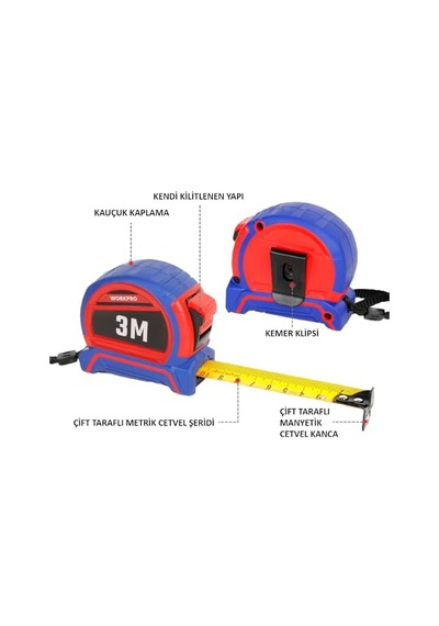 Wp261040 3mx16mm Naylon Kaplama Sarı Çift Taraflı Manyetik Çelik Şerit Metre