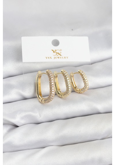Pirinç Gold Renk Zirkon Taşlı Halka Model Ysx Trio Küpe Seti