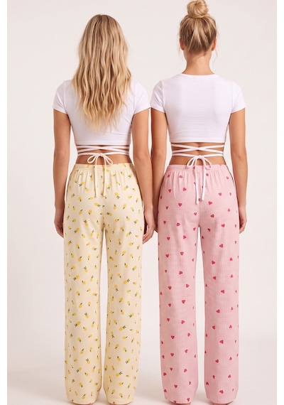 Siyah İnci 2'li Fiyonk Desenli Yumuşak Tuşe Kışlık Örme Tek Alt Pijama Altı 8074 Pembe Ekose Sarı Limon