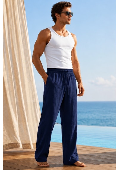 Tarz Cool Erkek Müslin Keten Karışımlı Rahat Kalıp Beli Lastikli Bağcıklı Yazlık Pantolon Lacivert Tarz Cool Erkek Müslin Keten Karışımlı Rahat Kalıp Beli Lastikli Bağcıklı Yazlık Pantolon Lacivert
