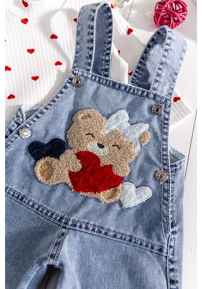 Babymod Ayıcık Figürlü Denim 2'li Kız Bebek Kot Salopet Tulum Mavi