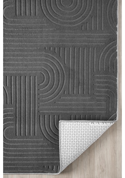 Raschel Carpet Bohem Emboss Premium Seri Kaymaz Taban Jel Taban Halı Yolluk Koyu Gri Gri