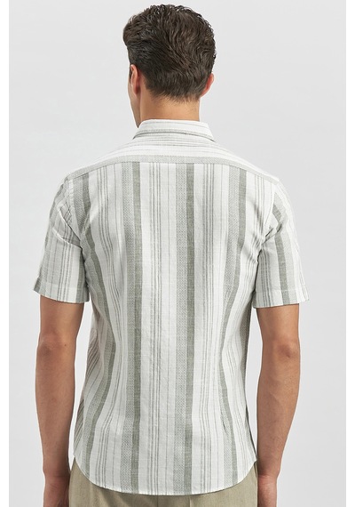 İmza Koyu Haki Kısa Kollu Çizgili Armürlü Pamuklu Casual Slim Fit Dar Kesim Gömlek 1004240243 Koyu Haki