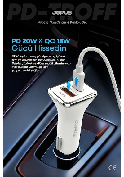 Jopus Type-C Kablolu Araç Şarj Aleti Çakmaklık Seti - Type-C + USB Girişli 38W JO-A7