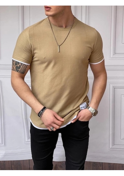 Modefendi Slim Fit Örgü Desen Pamuklu Parçalı Tshırt Krem