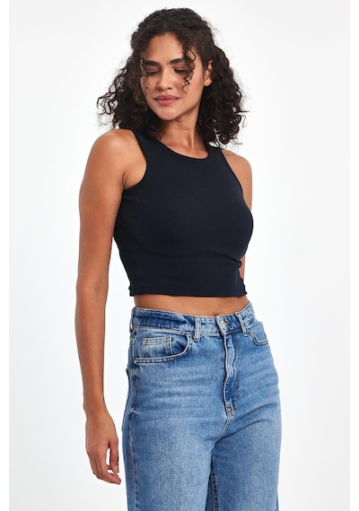 Comeor Kadın Lacivert Fitilli Görünümlü Askılı Kalın Esnek Örme Basic Crop Atlet Bluz Cmrb93