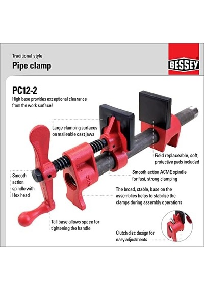 Pc12-2 Geleneksel Stil Boru Kelepçesi, 1.27 Cm, Ağaç İşleme Ve Marangozluk İçin Çok Amaçlı Atölye Kelepçesi