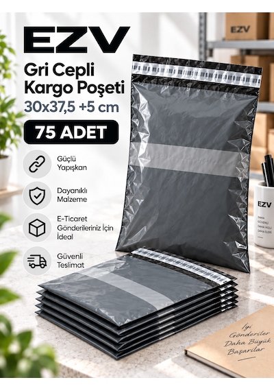 Gri Cepli Kargo Poşeti 30x37,5 +5 Cm 75 Adet