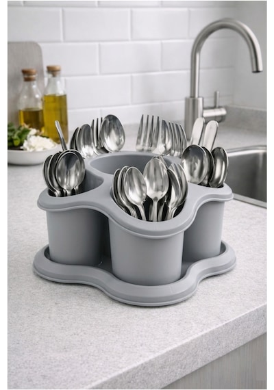 Mutfak Tezgah Üstü Kaşıklık Ve Düzenleyici 5 Bölmeli Çok Amaçlı Plastik Organizer Papatya 16x16cm Açık Gri