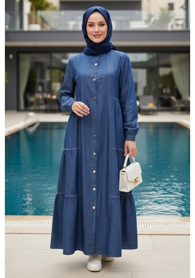 Hb Harma Time Butik Kadın Düğmeli Dantel Detaylı Koyu Mavi Kot Elbise Hb Harma Time Butik Kadın Düğmeli Dantel Detaylı Koyu Mavi Kot Elbise