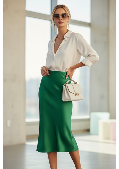 Fashion Cocktail Saten Dökümlü Belden Oturan Kalın Iç Lastikli Yırtmaçsız Diz Altı Midi Ofis Etek Yeşil Fashion Cocktail Saten Dökümlü Belden Oturan Kalın Iç Lastikli Yırtmaçsız Diz Altı Midi Ofis Etek Yeşil