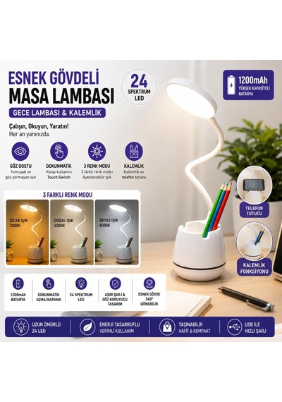 Tr Masa Lambası, Esnek Gövdeli Gece Lambası Ve Kalemlik, Dokunmatik Işık Parlaklığı Hassasiyeti, 3 Farklı Renk Diğer