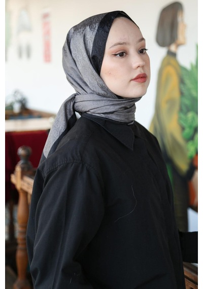 Premium Lux Original Monogram Şal İpek Vual, Yüksek Kalite, Hafif, Rahat, Şık, Tesettür, Shawl Füme - Siyah