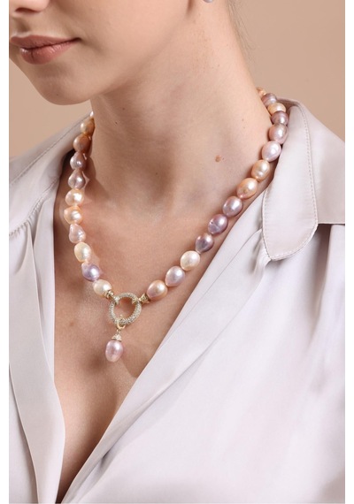 10,5 Mm Halka Kilitli Multicolor Doğal Barok İnci Küpe Kolye Bileklik Üçlü Set 55 Cm / Rose Gümüş