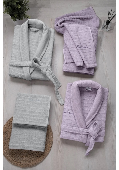 Pierre Cardin 6 Parça Jakarlı Aile Bornoz Seti-wave Soft Lila Gri Açık Gri - Lila