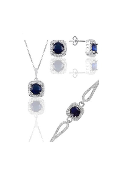 Gümüş Rodyumlu Safir Taşlı Kare Kolye Küpe Ve Bileklikten Oluşan