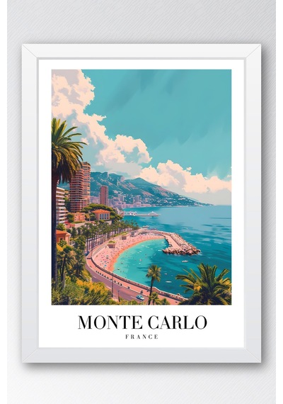 Monte Carlo France Vintage Seyahat Posteri Çerçeveli Tablo - Premium Akdeniz Elit Duvar Dekoru Beyaz