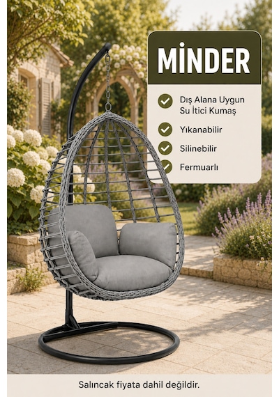 Sadece Minder Tek Kişilik Armut Fındık Salıncak Minderi Gri Yıkanabilir Silinebilir Outdoor Bahçe Balkon Minderi Gri