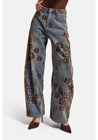 Itsbasic Kadın T.kot Rengi S5-8 Özel Flok Desenli Skater Fit Tasarım Denim Jean Kırmızı