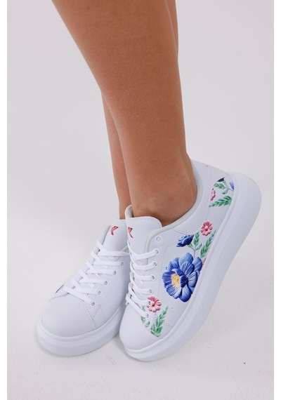 3d Dijital Baskı Kadın Beyaz- Mavi Gül Desenli Sneaker Beyaz-mavi