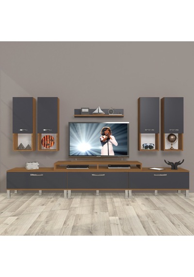 Decoraktiv Ekoflex 8da Mdf Krom Ayaklı Tv Ünitesi Tv Sehpası Ceviz - Antrasit