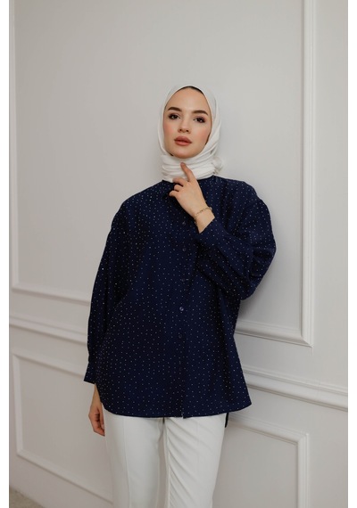 Moonsc Kadın Regular Fit Bel Bağlamı Ve Taş Detaylı Tesettür Lacivert Gömlek