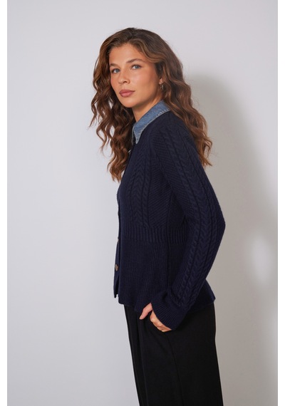 Denim Yaka Detaylı Peplum Triko Kazak Lacivert