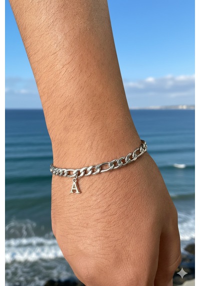 Kişiye Özel Harfli Figaro Unisex Çelik Bileklik Sevgiliye Eşe Hediye Ack06ht Metalik