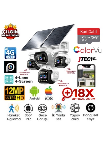 Inox X34 10mp 4g 18x Optik Zoom Esim Kartlı 2xsolar Panelli 4 Kameralı 3 Ptz + 256gb Sd Kart
