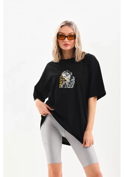 Baskılı Unisex Günlük Stil Mistik Siyah Pamuklu Oversize Tişört