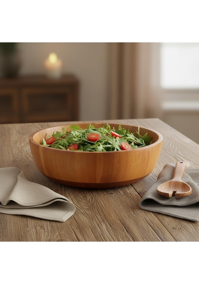 Doğal Akasya Ahşap Salata Ve Meyve Kasesi 28 Cm Büyük Boy Yuvarlak Sunum Tabağı, Çerezlik Ve Bambu